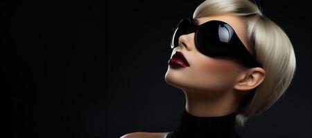 AI generated A banner with a woman in a black shirt looking up her eyes closed with dark red lips and big round sunglasses and short blond hair. A close up model. Black background. Copy space. photo