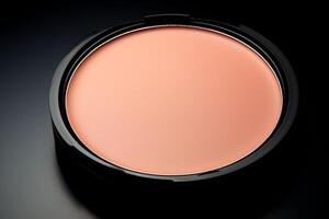 AI generated Peach fuzz color face powder in a black case on a black background without a lid. Copy space. photo