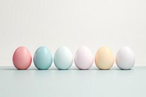 AI generated Six colorful Easter eggs ranging from in soft pastel colours on a soft background. Image for cooking or Easter, minimalistic design.. photo