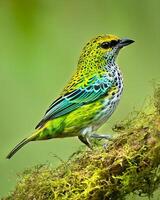 a green and blue bird sitting on a moss covered branch photo