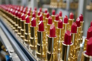 AI generated Vivid red lipsticks on golden casings stand out on a production conveyor, highlighting luxury and high-end production. suited for premium branding and marketing in the beauty sector photo