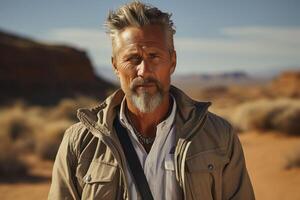 AI generated Handsome man 50 years old in bohemian style clothes in the desert on a sunny day. Copy space photo