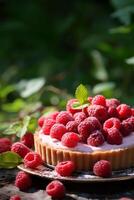 AI generated Raspberry tart with cream, powdered sugar, mint leave on green forest background photo