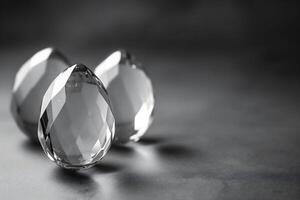 AI generated Three cut crystal, glass or diamond Easter eggs are displayed on a gradient black background, creating a luxurious and refined atmosphere, suitable for high end decor representation photo