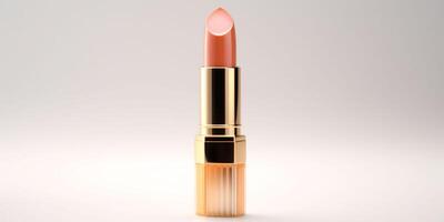 AI generated An peach fuzz color lipstick in a golden case on a white background. Make up a product photo shoot. Copy space.