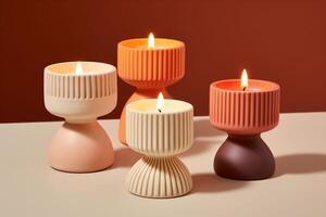 AI generated Four candles with fluted designs in shades of peach, cream, and brown, each lit and casting a soft glow, on a two-tone background, creating an elegant and minimalistic atmosphere. photo