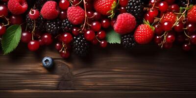 AI generated A banner with colorful fresh berries on brown wooden background. Advertisement for market, farmer or vegan concept. Copy space photo
