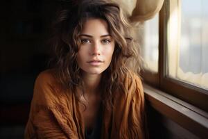 AI generated Beautiful sad and poor depressed woman sitting by the window and looking into the distance. Copy space photo
