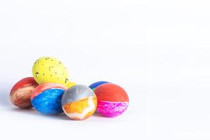 Colorful easter eggs isolated on white background with space for text. photo