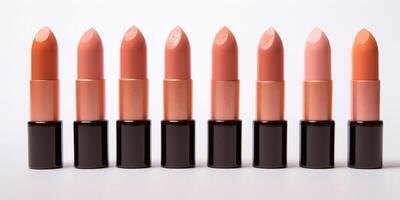 AI generated Multiple different shades of peach fuzz color lipstick in a black case in a row on a white background. Make up a product photo shoot. Copy space.