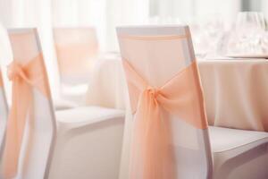 AI generated White chairs with peach fuzz color decorative tied up bows and fancy table in the background.. Wedding dinner set up. Celebration Copy space photo
