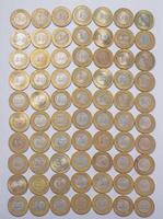 various Indian ten rupee coins background. Top view photo