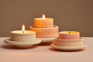 AI generated three eco friendly and natural round shape lit candles in orange and peach fuzz colors are isolated. Themes of cozy, minimalistic, aesthetic soy wax home decors photo