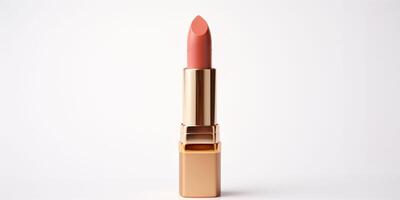 AI generated An peach fuzz color lipstick in a beige case on a white background. Make up a product show off. Copy space. photo