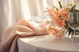 ai generado un mesa con melocotón pelusa color flores un rosado Manteles y tela vino vaso Boda cena conjunto arriba. celebracion Copiar espacio foto