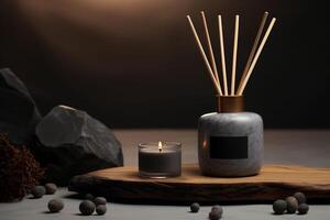 AI generated A single candle burns softly beside an elegant reed diffuser on a rustic wooden slab, smooth stones and a dark, textured backdrop, atmosphere of natural, peaceful spa setting. photo