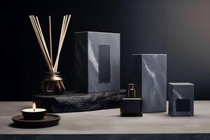 AI generated Marble-patterned diffuser with natural reeds, a lit candle, and sleek, geometric blocks set against a dark backdrop, creating a modern, luxurious spa atmosphere. photo