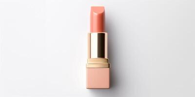 AI generated An peach fuzz color lipstick in a beige case on a white background. Make up a product show off. Copy space. photo