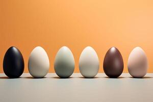 AI generated Six colorful Easter eggs ranging from dark teal to ivory and mustard and brown are aligned on a soft orange background, depicting a minmalistic concept. Image for cooking or Easter. photo