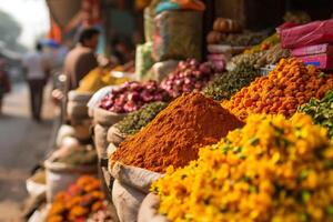 AI generated People on Authentic Market street in Marocco and big bags with colorful spices, saffron, turmeric, herbs. Asian or mexican food banners, advertisement. Copy space photo