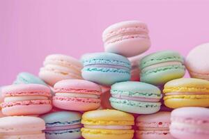 AI generated Stacks of colorful macarons in pastel pink background, evoking a sweet, delicate charm. Perfect for confectionery marketing and dessert blogs photo