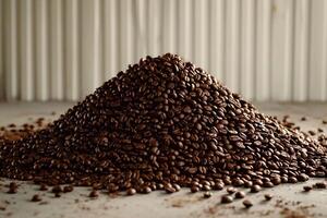 AI generated A mound of dark roasted coffee beans on a white background. Perfect for use in coffee branding or as a metaphor for awakening and energy in visual media. photo