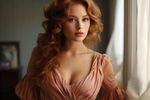 AI generated Portrait of sensual young red haired woman with long ginger curly hair at the window. photo