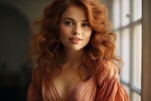 AI generated Portrait of sensual young red haired woman with long ginger curly hair at the window. photo