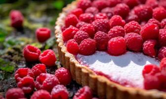 Delicious raspberry tart with cream, powdered sugar on green forest background photo