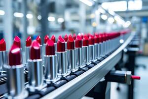 AI generated A row of red lipsticks on a blurred conveyor belt signifies the fast-paced environment of cosmetic production. can be used in dynamic industrial and beauty marketing materials. photo
