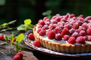 AI generated Delicious red raspberry tart close up with cream and powder sugar sprinkled on top on a plate with green leaves. Copy space. photo