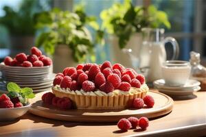 AI generated Delicious red raspberry tart close up with cream on a cutting board on a table with greens in white vases and dishes n the background. Copy space. photo