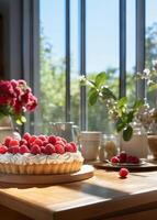 AI generated Delicious raspberry tart with cream in a beautiful cozy kitchen on a sunny day photo