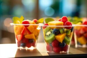 AI generated Fresh berries and pieces of fruit in a plastic glass to take away as a snack. Unsustainable packaging. Copy space photo