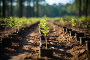 ai generado un abeto árbol plantación, Navidad. surcos con igualmente espaciado abeto plántulas en negro ollas. Copiar espacio. foto