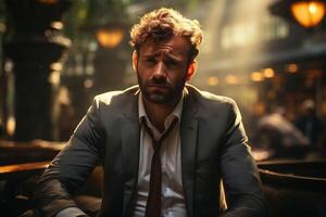 AI generated A distressed man in a gray suit appears overwhelmed, seated in a dimly lit space with ambient lighting, conveying themes of depression, business failure, and crisis. photo
