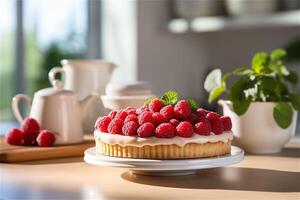 AI generated Delicious raspberry tart with cream in a beautiful cozy white kitchen on a sunny day photo