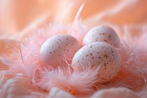 AI generated Pile of light Easter eggs rest on soft peach fuzz colored feathers, creating a gentle Easter mood. Trendy Easter poster or banner with copy space photo