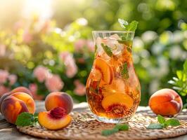 AI generated Freshly brewed iced peach mint lemonade in the summer background. High-resolution. AI Generative photo