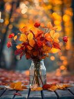 AI generated Bouquet of autumn leaves in a transparent vase. High quality. AI Generative photo