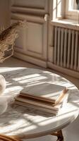 AI generated Top view of white marble bedside table with books. High quality. AI Generative photo