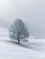 ai generado minimalista fotografía de el solitario árbol en el Nevado montañas. alto calidad. ai generativo foto