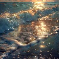 AI generated Close up waves. Bright sunset on the beach. High-resolution. AI Generative photo