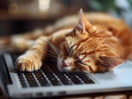 ai generado gato dormido en el ordenador portátil teclado. alta resolución. ai generativo foto