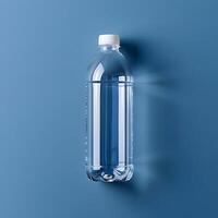 AI generated A blank plastic bottle of water isolated on solid blue background. High-resolution. AI Generative photo