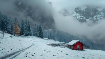 AI generated Minimalist photography of the lonely house in the snowy mountains. High quality. AI Generative photo