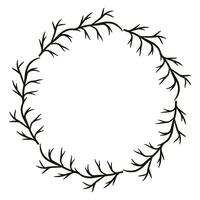 Simple branch w wreath, vector black ink illustration. Circle wreath for tag, card or invite