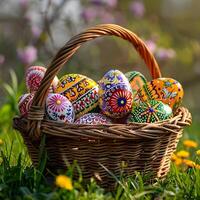 AI generated A basket with colorful Easter eggs decorated with traditional patterns. High-resolution. AI Generative photo