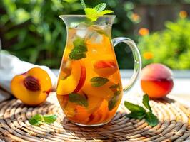 AI generated Freshly brewed iced peach mint lemonade in the summer background. High-resolution. AI Generative photo