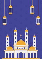 Vector Illustration of White Mosque with Gold Accents and Lanterns on Light Blue Background - Ideal for Posters and Banners